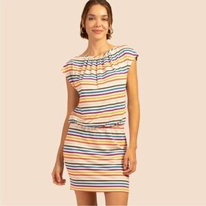 Trina Turk Sunvilla Dress Striped Multicolor Cap Sleeve Elastic Waist Size Small
